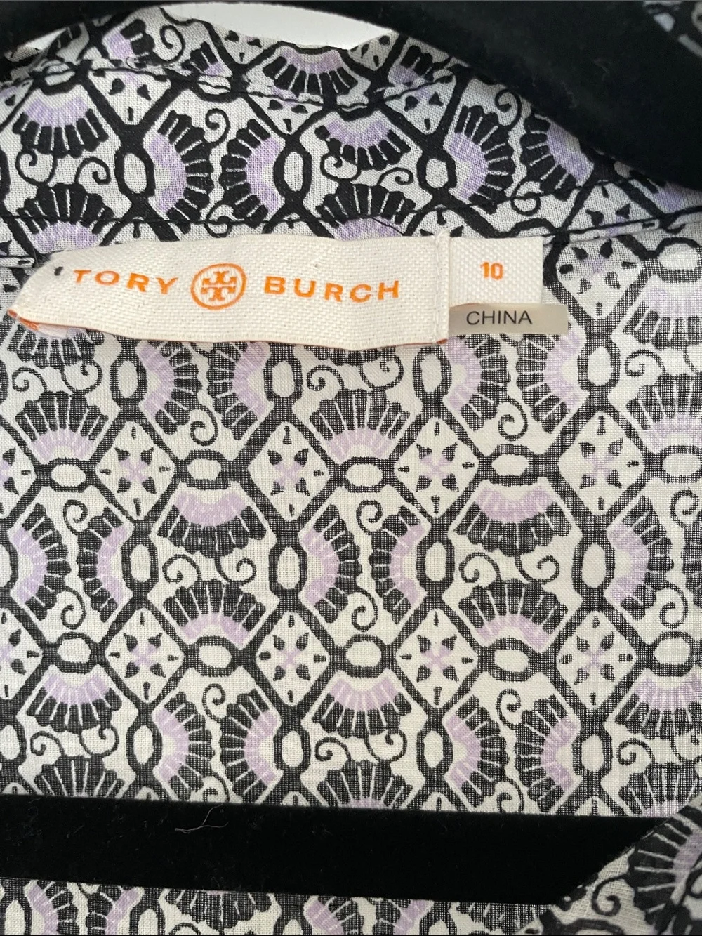 Tory Burch size 10 Black, White & Light Purple Patterned Blouse